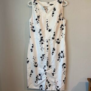 Ann Taylor White Black Floral Midi Dress Cotton Linen Blend Work Wear Size 10